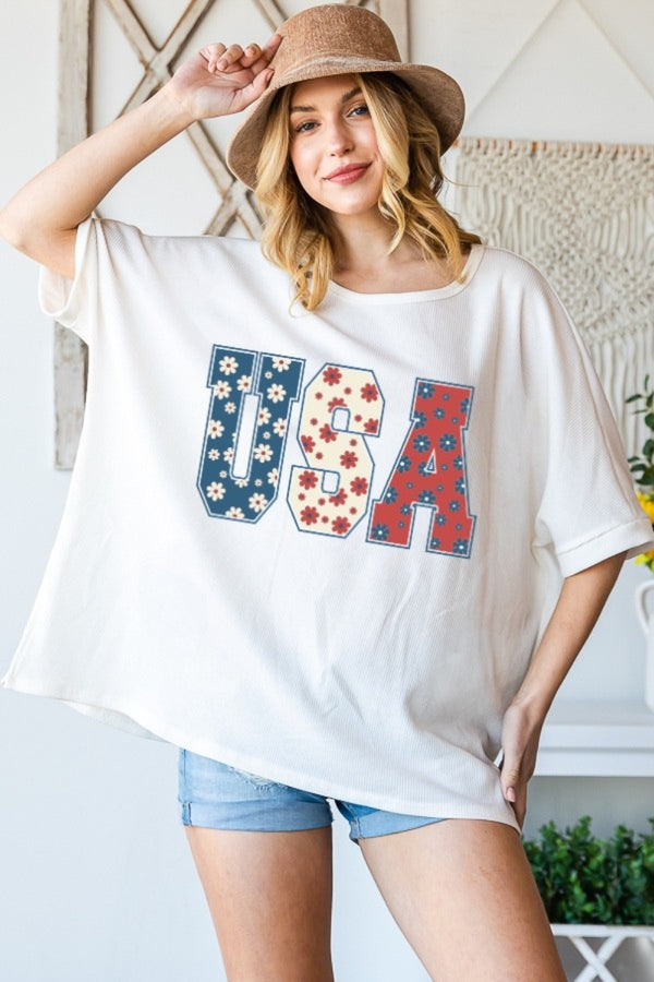Floral USA Half Sleeve T-Shirt in Cream