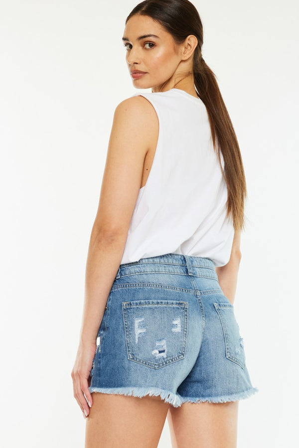 Elise High Rise Distressed Denim Shorts in Medium by KanCan in Junior and Curvy