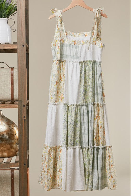 Kinley Rae Patchwork Tie-Shoulder Tiered Maxi Dress in Sage and Ivory