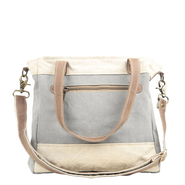 Stephanie Mixed Fabric Canvas Crossbody Tote in Grey and Cream