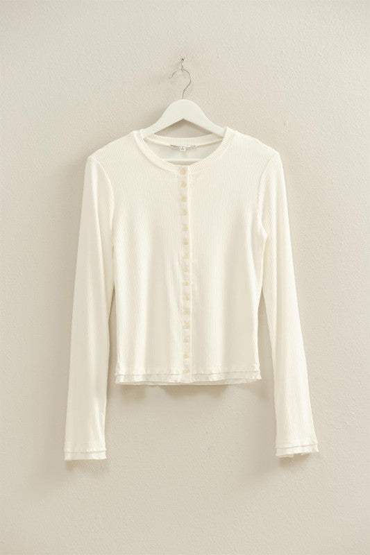 Alivia Button Down Bow Trim Ribbed Top in Off White