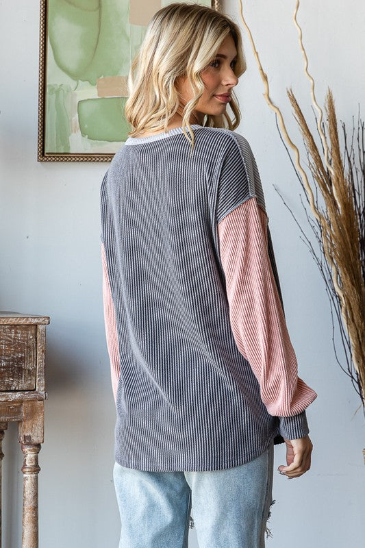 Over the Moon Ribbed Color Block Top in Charcoal