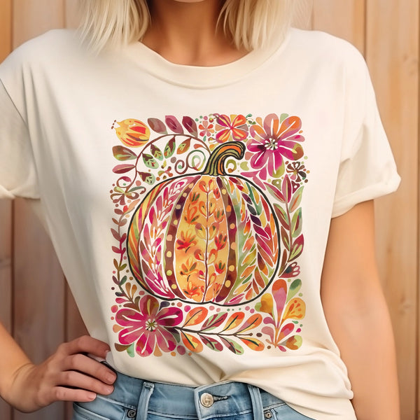 Autumn Floral Pumpkin Graphic Tee in Cream