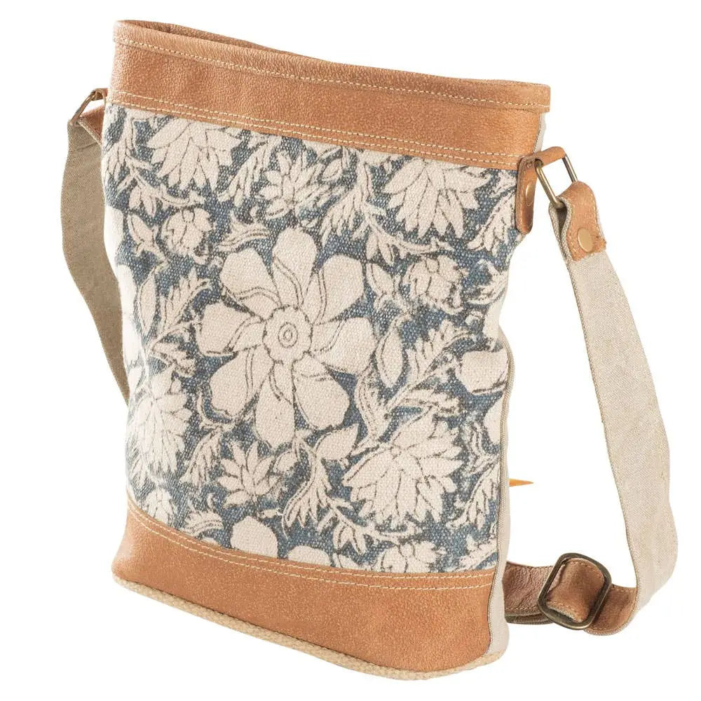 Paulette Floral Canvas and Leather Crossbody in Blue
