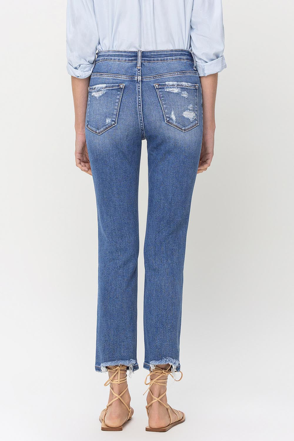 Danielle High Rise Raw Hem Straight Jeans in Medium Denim