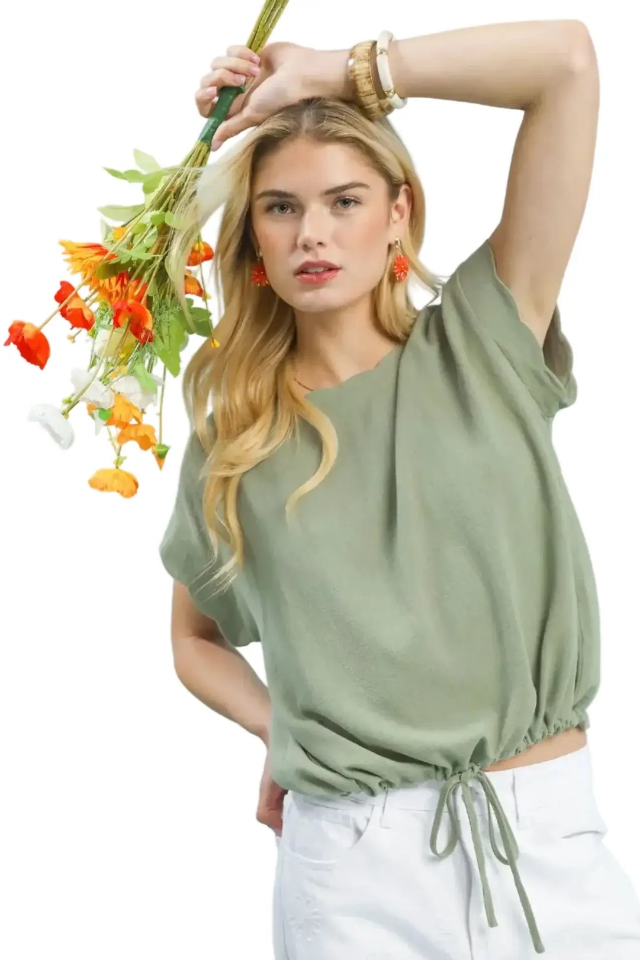 Carrie Linen Tie Waist and Scalloped Sleeve Top in Sage