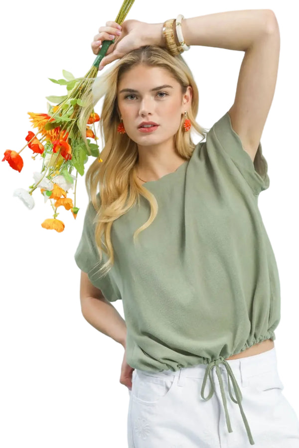 Carrie Linen Tie Waist and Scalloped Sleeve Top in Sage