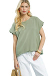 Carrie Linen Tie Waist and Scalloped Sleeve Top in Sage