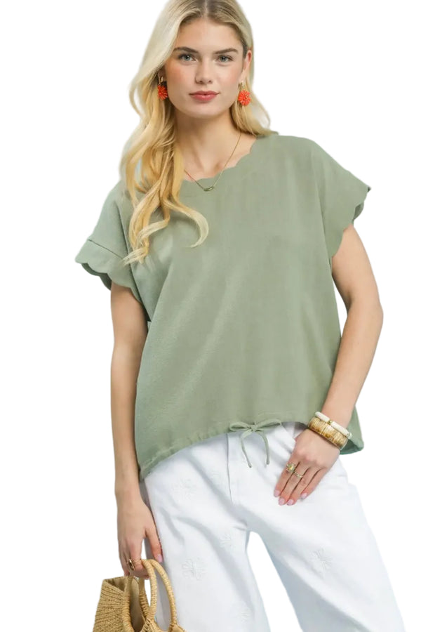 Carrie Linen Tie Waist and Scalloped Sleeve Top in Sage