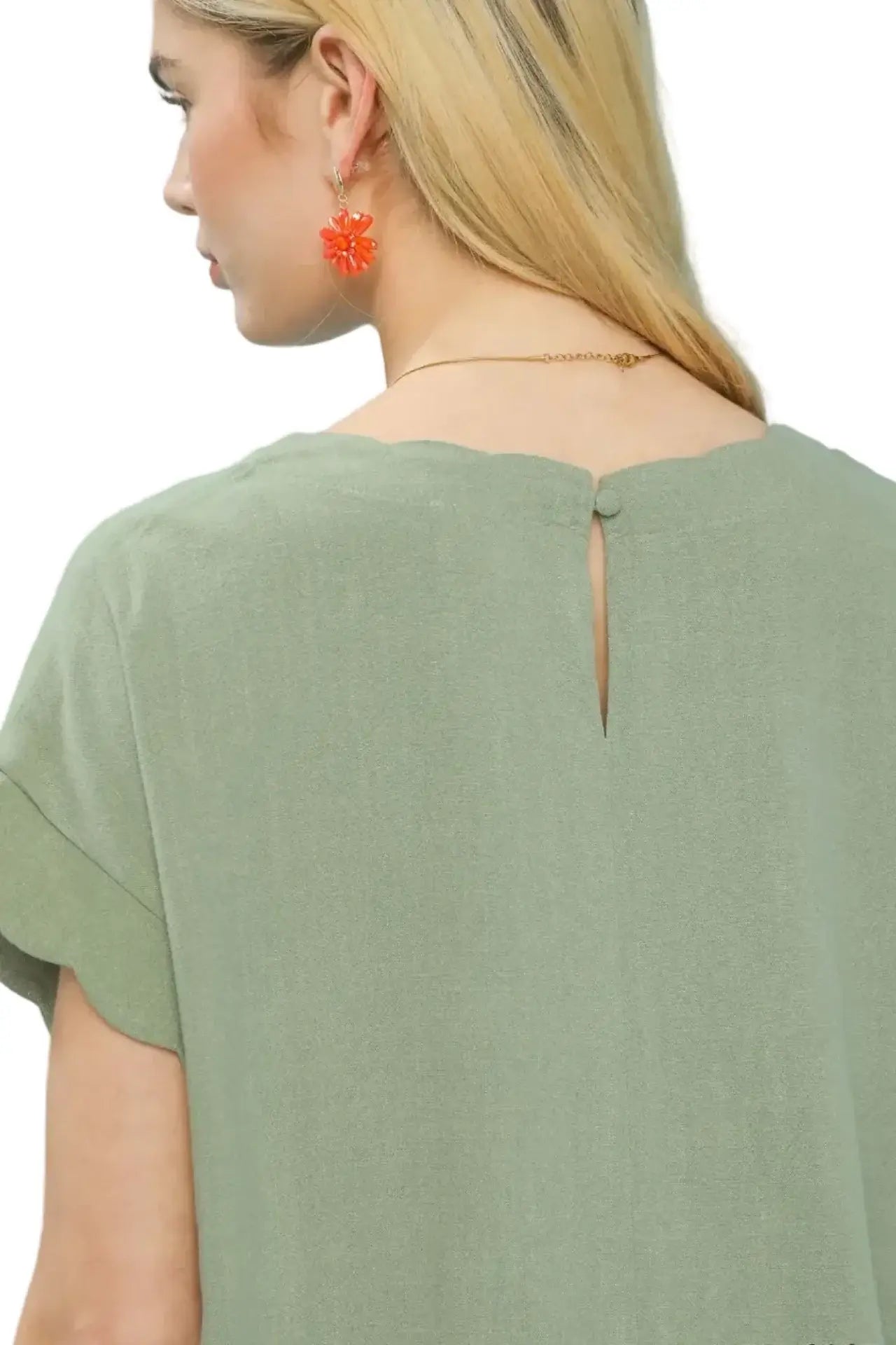 Carrie Linen Tie Waist and Scalloped Sleeve Top in Sage