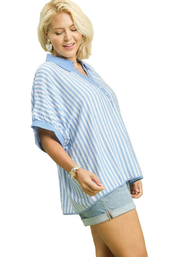 Lillian Striped Oversize Top in Light Blue and White - Curvy