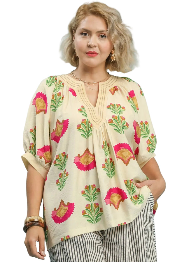 Luella Abstract Print Top in Cream/Fuchsia - Curvy