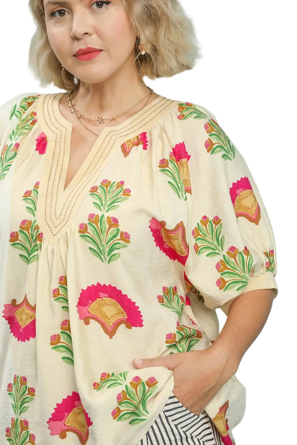 Luella Abstract Print Top in Cream/Fuchsia - Curvy