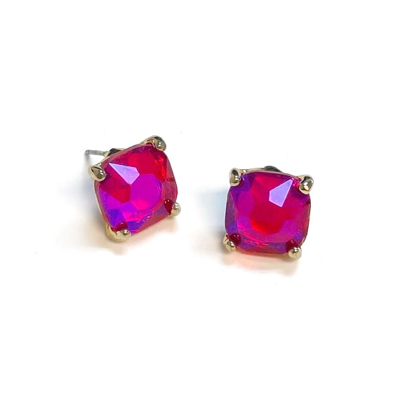 Broadway 12mm Cushion Cut Square Crystal Glass Bead Stud Earrings in Fuchsia AB