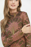 Adele Metallic Botanical Mock Neck Knit Top in Mauve
