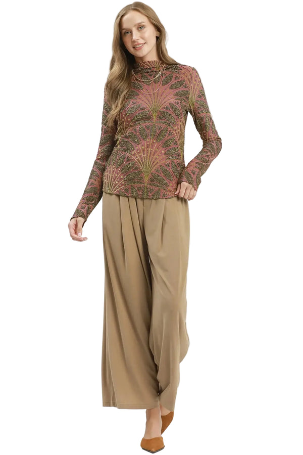 Adele Metallic Botanical Mock Neck Knit Top in Mauve