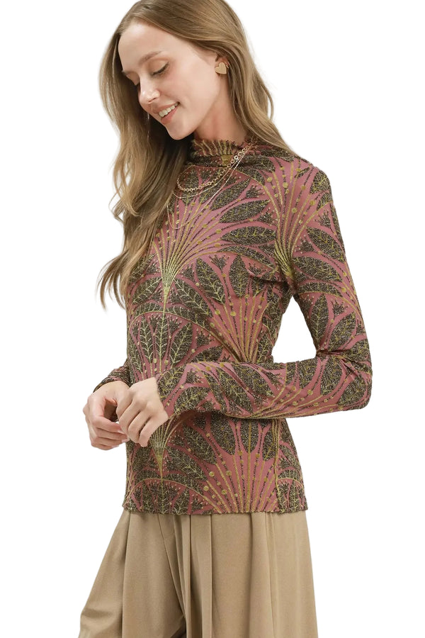 Adele Metallic Botanical Mock Neck Knit Top in Mauve