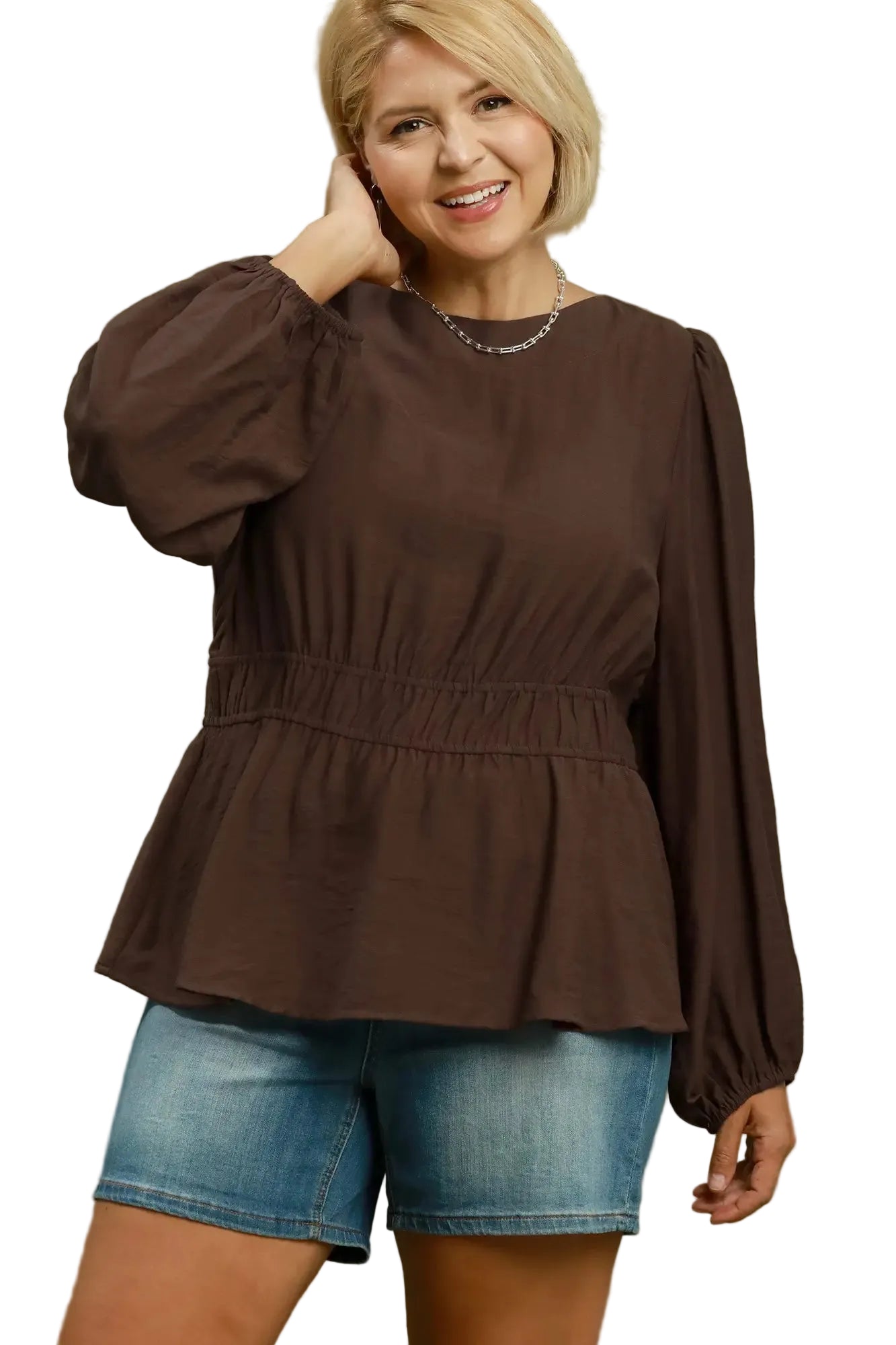 Kelsey Smocked Waist Long Sleeve Peplum Blouse in Chocolate Brown - Curvy