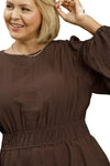 Kelsey Smocked Waist Long Sleeve Peplum Blouse in Chocolate Brown - Curvy