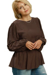 Kelsey Smocked Waist Long Sleeve Peplum Blouse in Chocolate Brown - Curvy