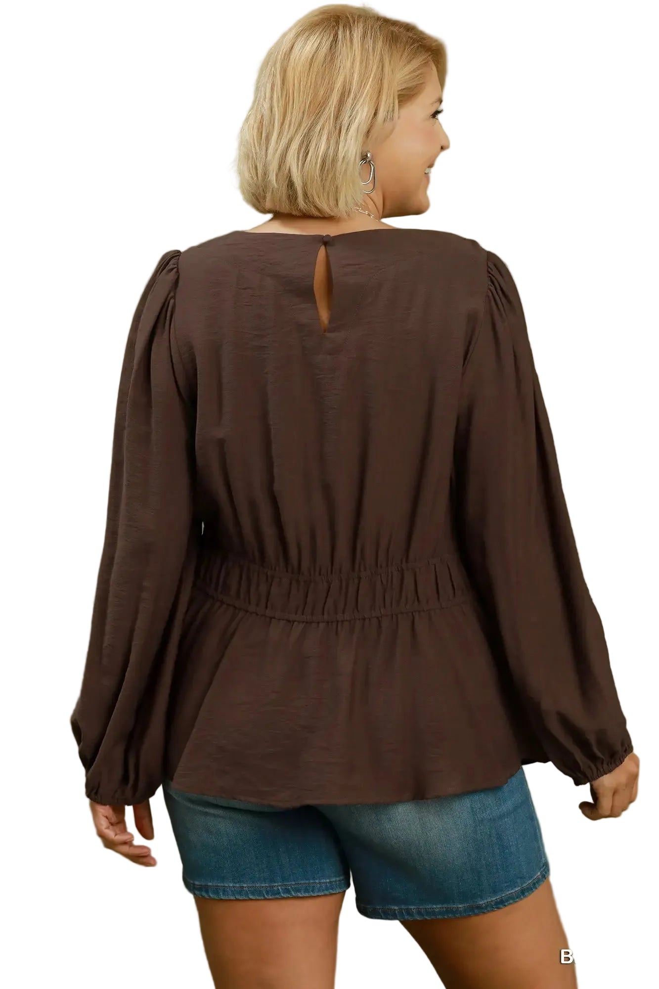 Kelsey Smocked Waist Long Sleeve Peplum Blouse in Chocolate Brown - Curvy