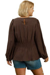 Kelsey Smocked Waist Long Sleeve Peplum Blouse in Chocolate Brown - Curvy