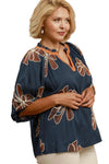 Kayla Embroidered Linen Top in Denim - Curvy