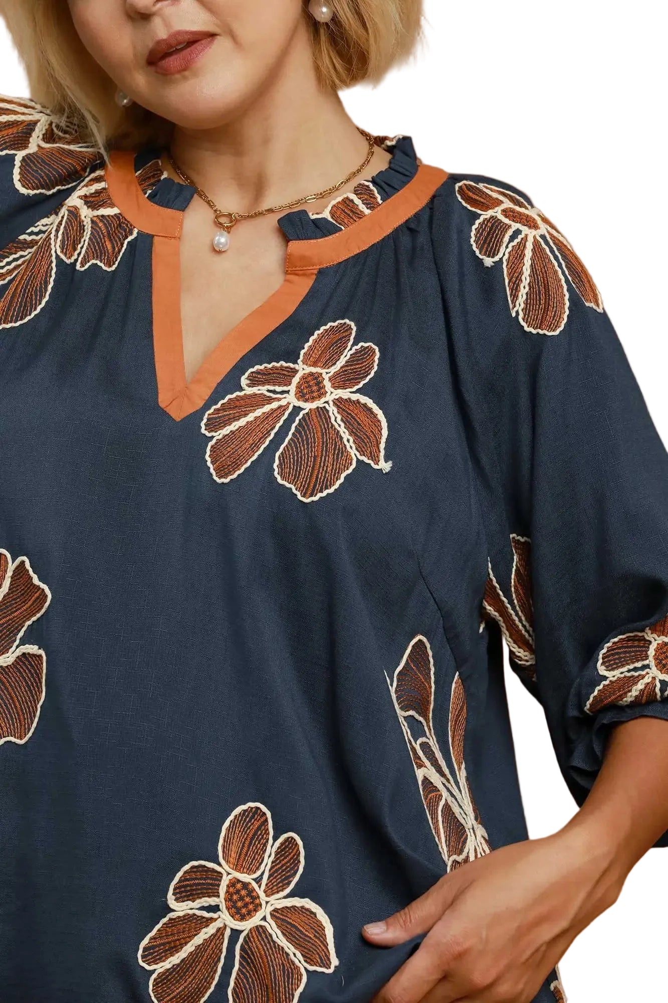 Kayla Embroidered Linen Top in Denim - Curvy