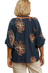 Kayla Embroidered Linen Top in Denim - Curvy