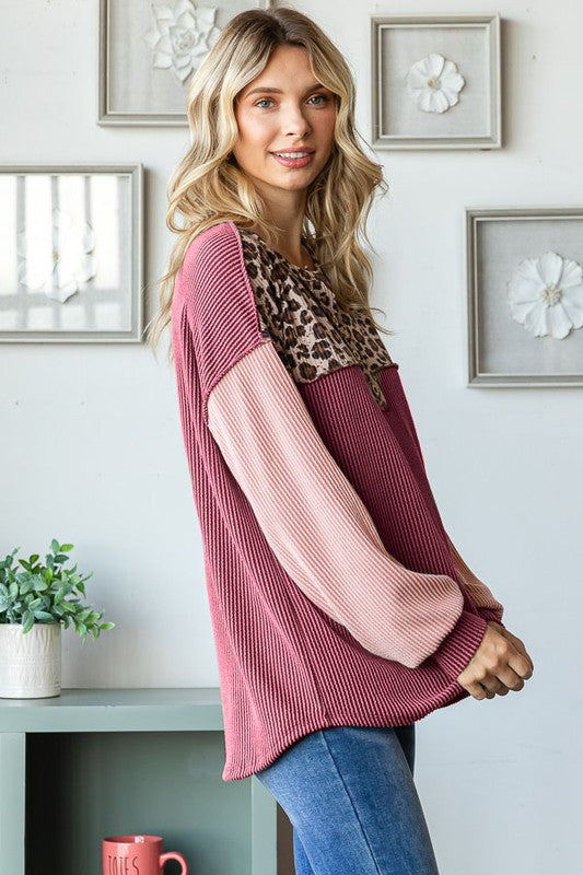 Big Dreams Leopard Ribbed Top in Burgundy