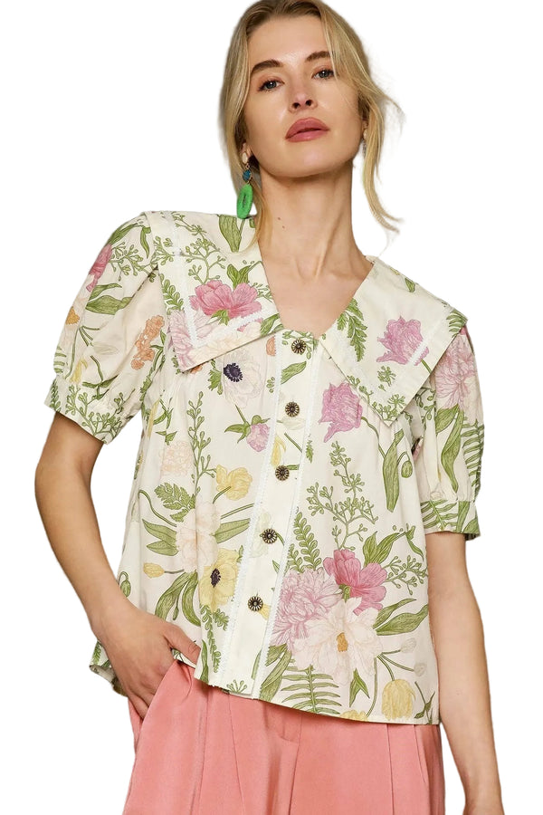 Allison Floral Print Bib Collar Top in Cream
