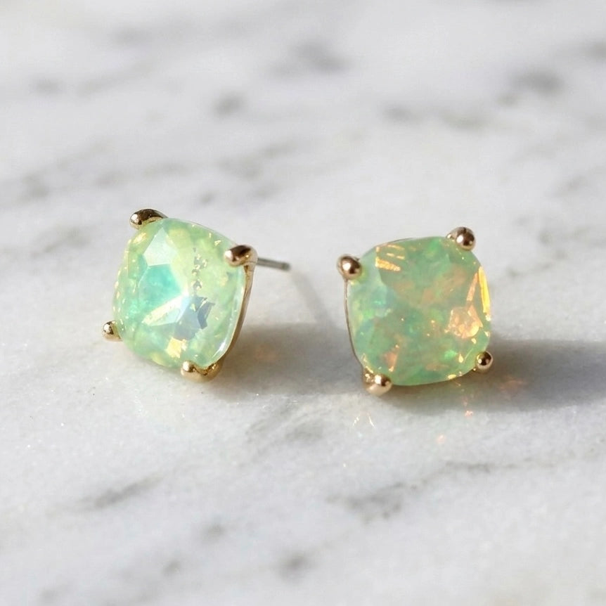 Broadway 12mm Cushion Cut Square Crystal Glass Bead Stud Earrings in Pastel Mint
