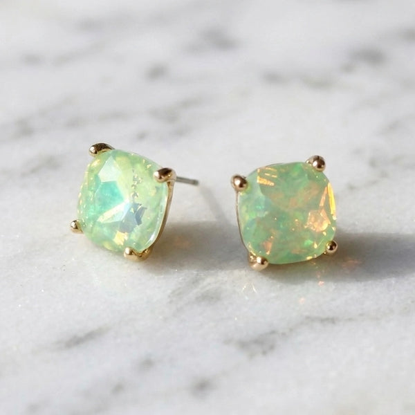 Broadway 12mm Cushion Cut Square Crystal Glass Bead Stud Earrings in Pastel Mint