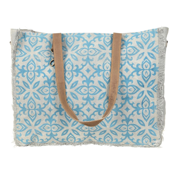 Lindsay Pattern Canvas Tote Bag in Grey and Turquoise