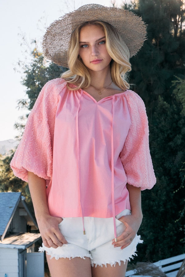 Sweet as Candy Bubble Sleeve Blouse in Pink in Misses and Curvy