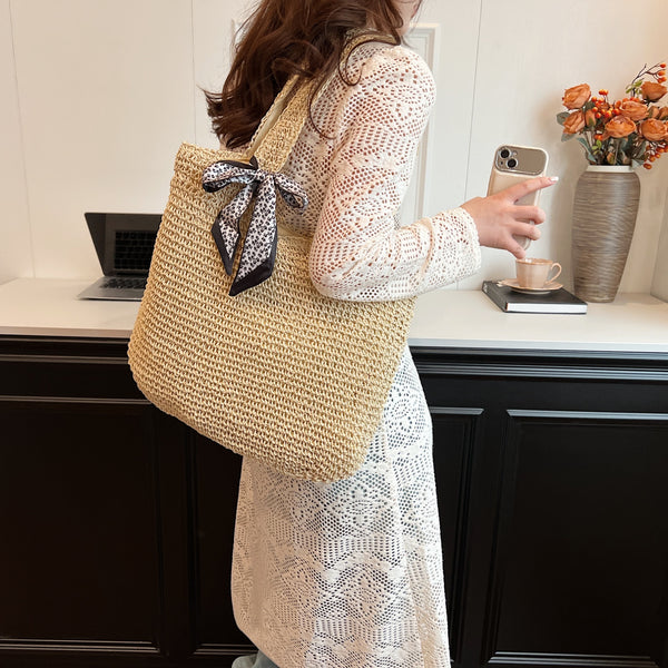 Away We Go Large Straw Woven Tote Bag in Khaki