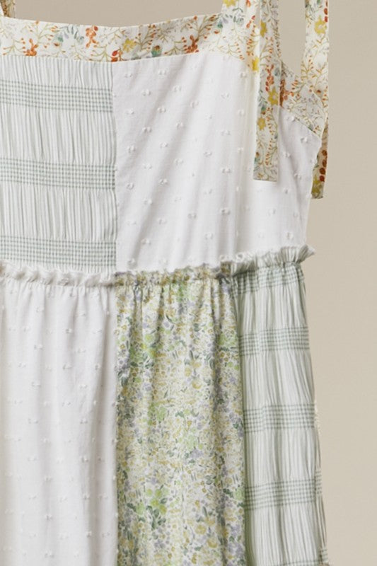 Kinley Rae Patchwork Tie-Shoulder Tiered Maxi Dress in Sage and Ivory