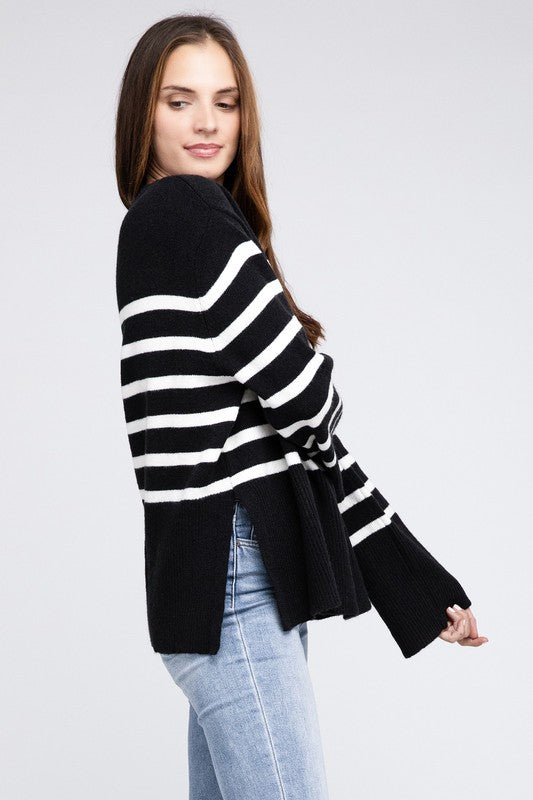 Classically You Ribbed Hem Stripe Sweater in Black and Ivory