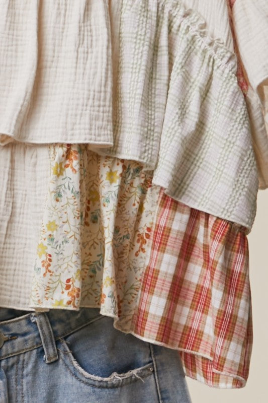 Free Spirit Vintage Patchwork Ruffle Top in Ivory
