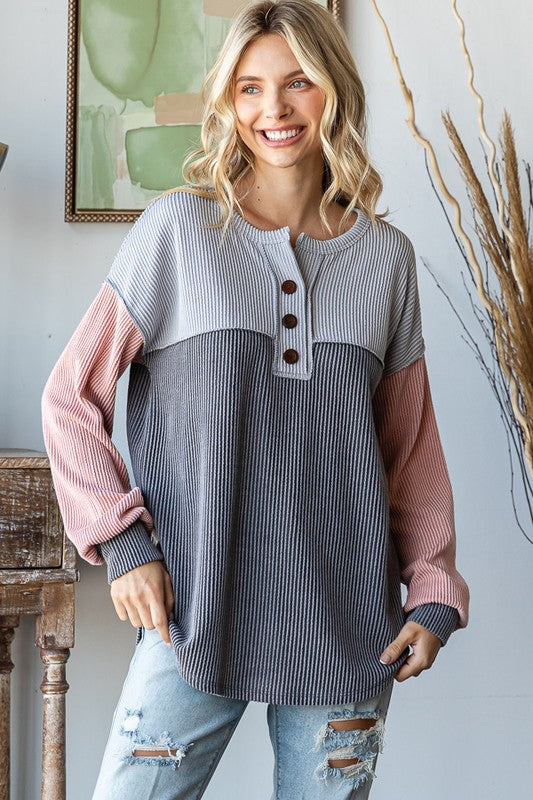 Over the Moon Ribbed Color Block Top in Charcoal