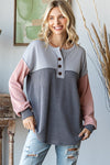 Over the Moon Ribbed Color Block Top in Charcoal