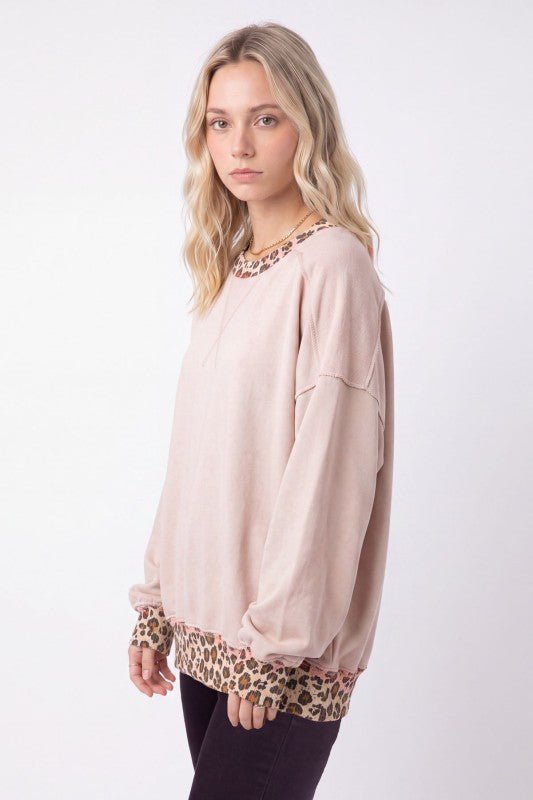 Timeless Comforts Leopard Contrast French Terry Pullover in Taupe - Curvy — product image 2