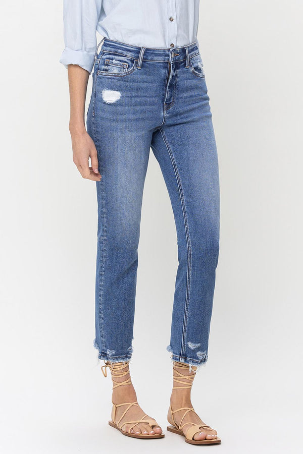 Danielle High Rise Raw Hem Straight Jeans in Medium Denim