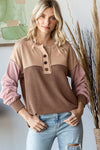 Over the Moon Ribbed Color Block Top in Chestnut