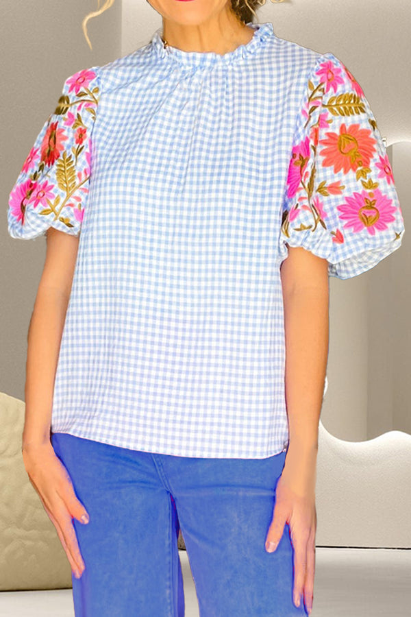 Taken a Fancy To Embroidered Sleeve Gingham Blouse in Light Blue