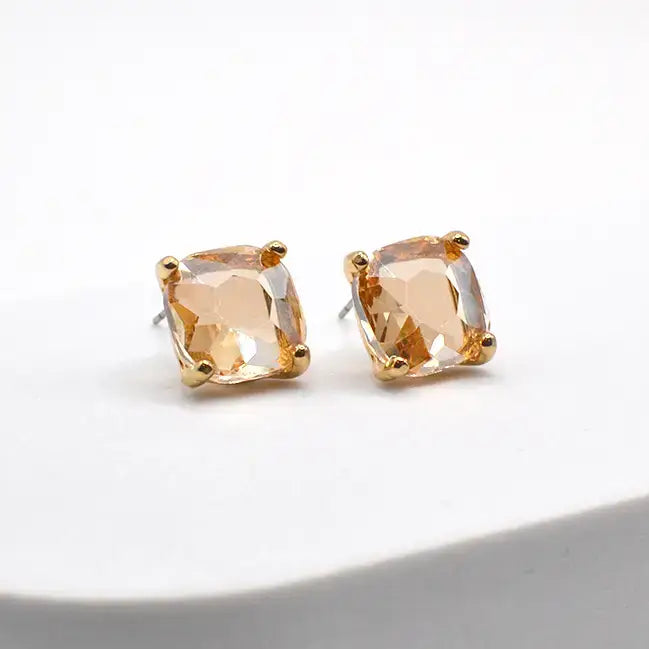 Broadway 12mm Cushion Cut Square Crystal Glass Bead Stud Earrings in Topaz