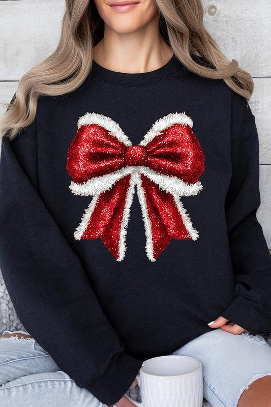 Santa Bow Fleece Sweatshirt in Black - Curvy