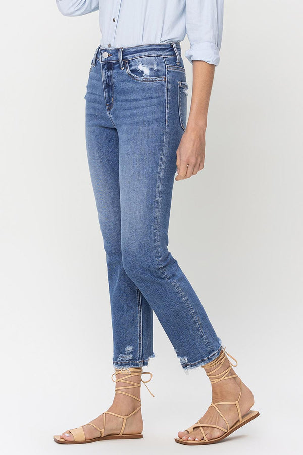 Danielle High Rise Raw Hem Straight Jeans in Medium Denim