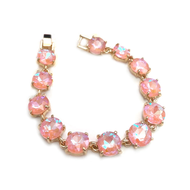 Broadway Round Cushion Cut Crystal Glass Linked Bracelet in Pink Auroa Borealis