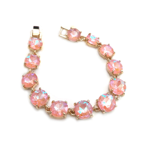 Broadway Round Cushion Cut Crystal Glass Linked Bracelet in Pink Auroa Borealis